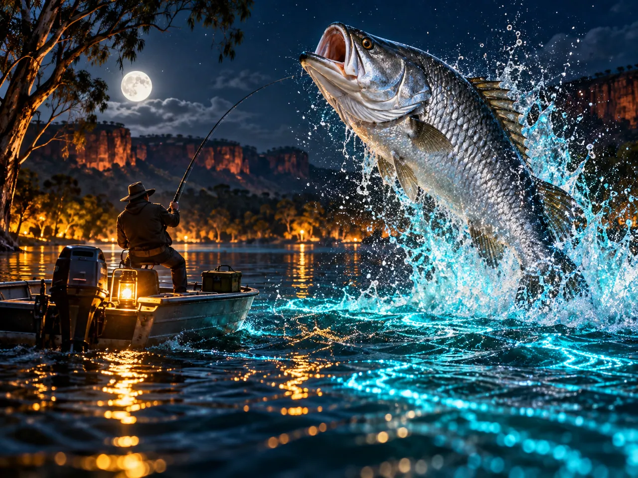 Barramundi leaping from a moonlit Australian lake