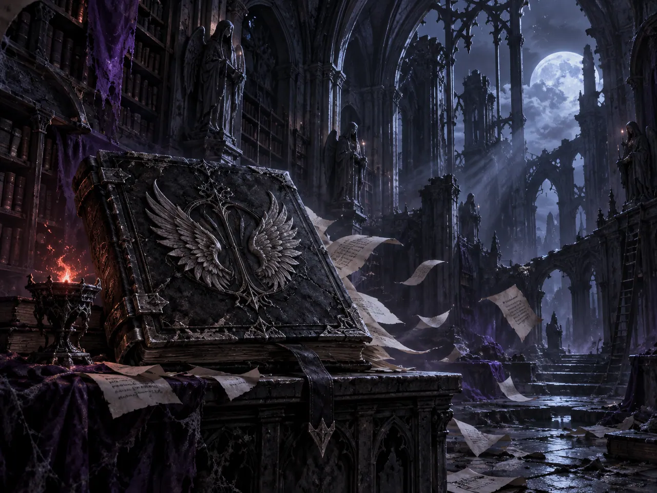 Winged stone book in a ruined midnight library
