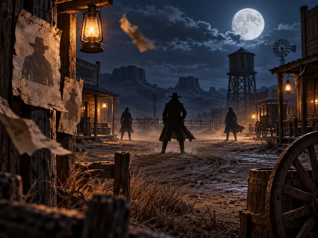 Three distant outlaws at a moonlit frontier crossroads