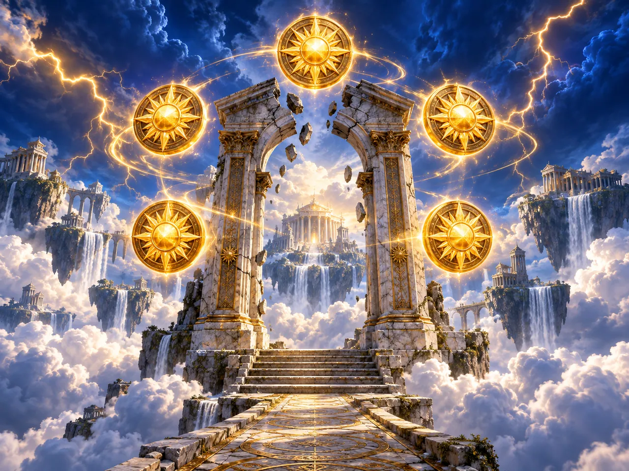 Storm temple with five glowing medallions for the Super Scatter review