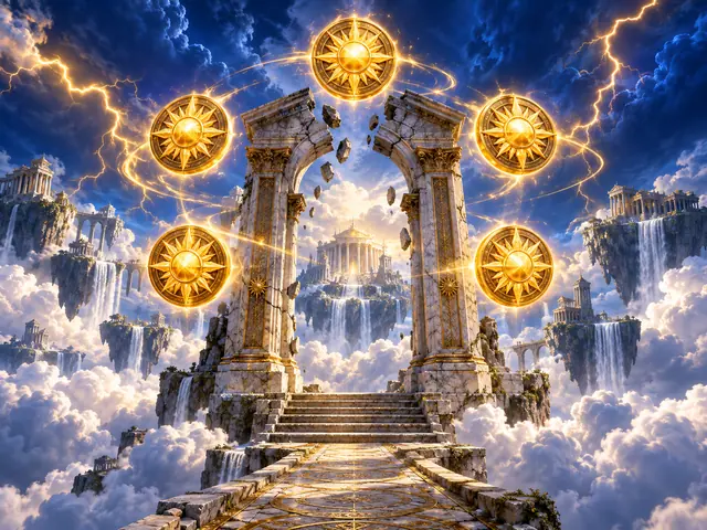 Storm temple with five glowing medallions for the Super Scatter review