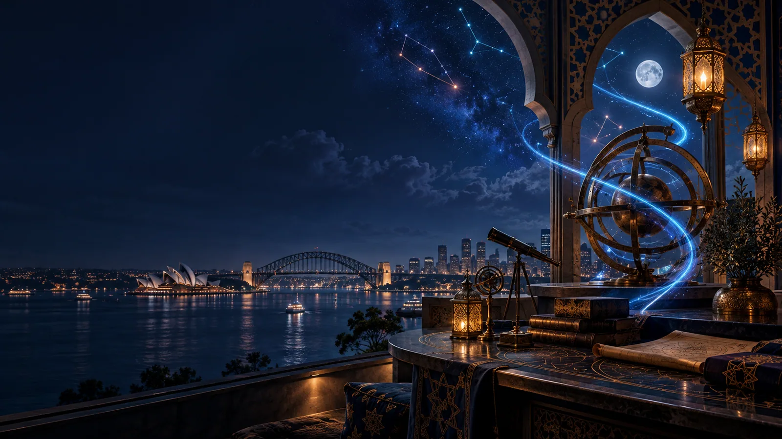 Midnight observatory above Sydney Harbour, original Rocky Guide artwork