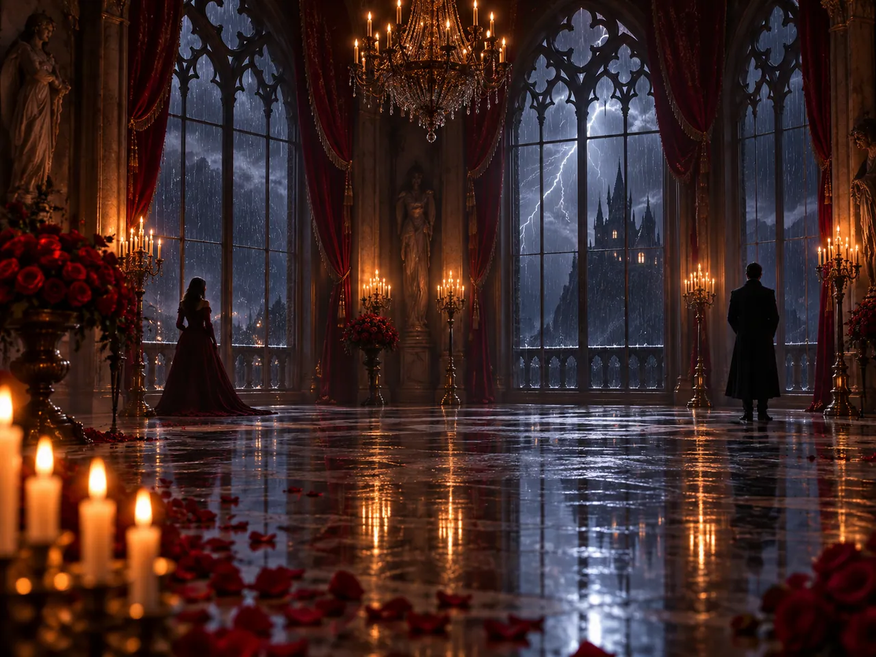 Storm-lit gothic ballroom with two distant silhouettes