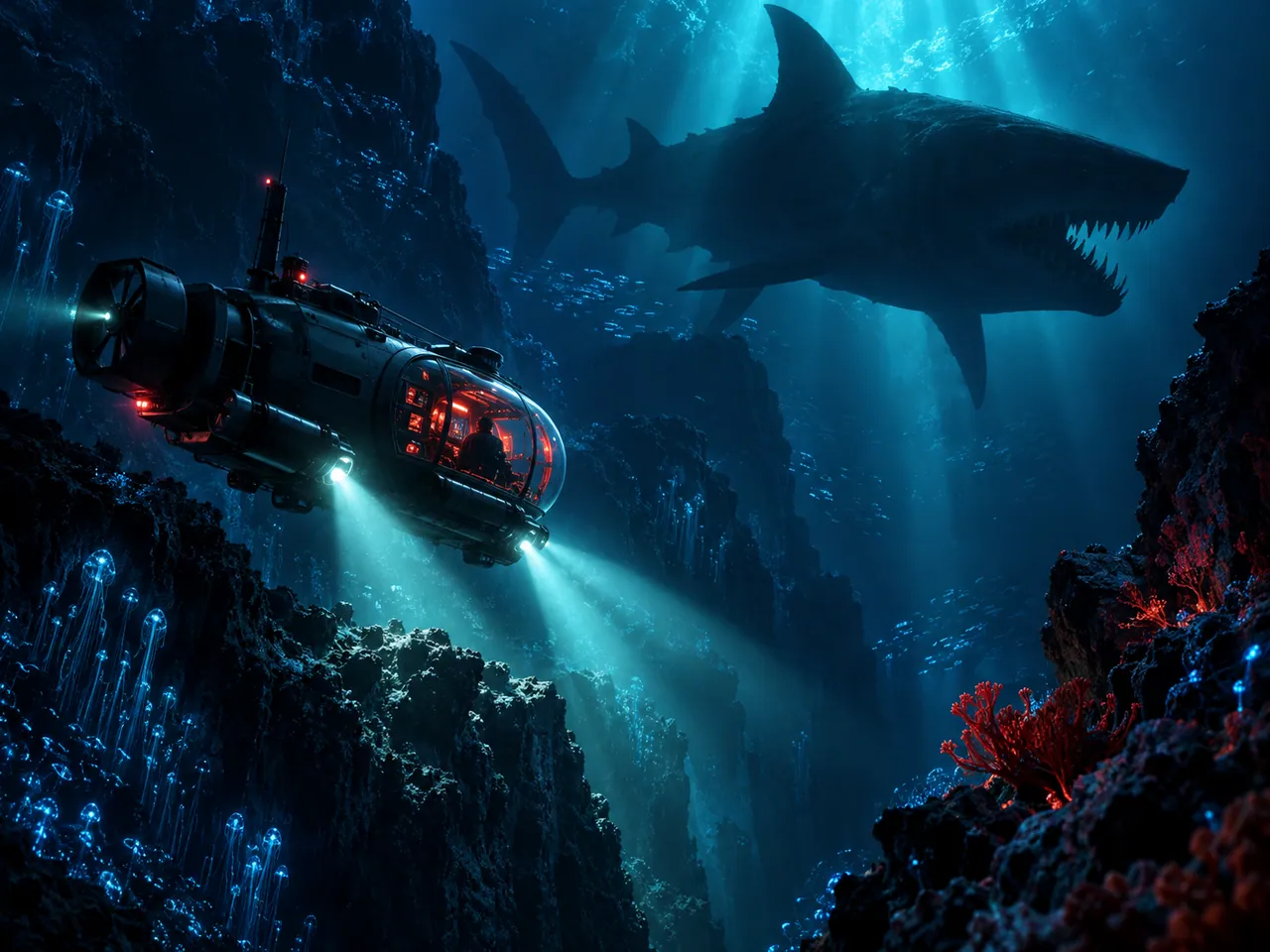Research submarine and giant shark in a bioluminescent trench