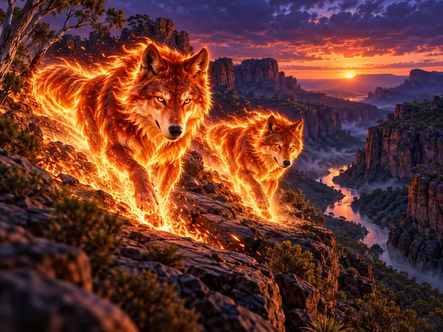 Two fire-wolf spirits running through an Australian canyon